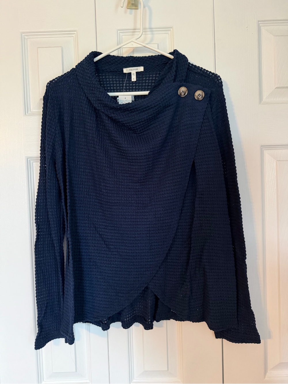 Navy Knit Wrap Top with Button Closures
